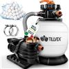 tillvex Pompa Filtro Piscina Portata 10m³/h + 800g Filtro Balls | 7 funzioni | Filtro Piscina con indicatore Pressione | Impianto filtrazione Sabbia per Piscine e vasche (Bianco/Arancione con Timer)