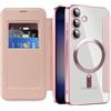 IMEIKONST Cover Magnetica per Samsung Galaxy S24 Plus con Slot per Carte, [Compatibile con MagSafe] [Blocco RFID] Custodia Portafoglio Flip Antiurto Trasparente Case per Samsung S24 Plus. Rosa JDCX