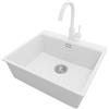 PRIMAGRAN Lavandino da Cucina Bianco 58x50cm, Lavello in Granito a 1 vasca + Rubinetto 32x20cm + Set di accessori, Lavabo da Cucina Incasso al Mobile 60cm - Oslo Top S343