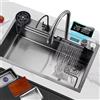 YNSHOP Lavello da cucina in acciaio inox nero con cascata Lavello singolo vasca con rondella tazza Display della temperatura accessori completi (80 x 45 x 22 cm)