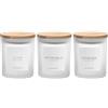 Ezebesta Set di 3 contenitori da bagno moderni da 383,6 g, trasparenti, con 12 etichette e coperchio in legno, set di barattoli di vetro spesso, supporto Qtip per batuffoli di cotone e cuscinetti