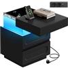 WOLTU Comodino con 2 Cassetti e Scomparto Segreto, Mobile Camera da Letto con Luce e 2 Prese, 1 Porta USB, 1 Porta Type-C, Modalità Musica, Timer, in Stile Moderno, 45x40x58 cm, Nero
