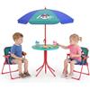 COSTWAY Set Tavolo e Sedie da Giardino per Bambini 3-6 Anni, Set da Esterno per Bambini 4 Pezzi Regolabile in Altezza con Tavolino Rotondo, 2 Sedie Pieghevoli e Ombrellone per Campeggio e Picnic