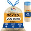 G.M. DISTRIBUZIONE 200 Sacchi Spazzatura Grandi Trasparenti 90x120 cm, Extra Resistenti da 150 Litri, Con comode maniglie di chiusura e Fondo Antigoccia, 100% Riciclabili, Made in Italy, Raccolta Differenziata