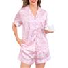 Sopesil Pigiama Donna Estivo Aperto Davanti Set 2 Pezzi in Raso con Scollo a V Completo Elegante e Comodo a Maniche Corte con Tasche e Stampa Delicat Rosso Rosa,M