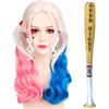 SHOWHEEL Parrucca di Carnevale Cosplay delle,Donne di Colore Misto Ricci Lunghi Sciolti,Bastone Gonfiabile,per Cosplay, per Donna, Rosa, Blu, Doppia Coda di Cavallo
