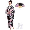 KRUIHAN Kimono Giapponese Donna in Raso Yukata Set,Costume Carnevale & Cosplay con Ventaglio Pieghevole e Calze Tabi,Ideale per Feste,Eventi Tematici Giapponesi,Stile A-Nero,Taglia S/Sotto i 55kg