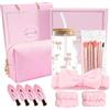 Floruvia rosa Geschenkbox Regalo per Ragazze Teenager 9-16 Anni, Set Regalo di Compleanno con Bicchiere di Vetro, Cannuccia, Coperchio, Pennelli Trucco, Borsetta Cosmetica, Fermaglio per Capelli,