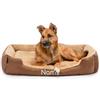 lionto Letto per cani con cuscino reversibile e base antiscivolo, cuscino con ingresso basso per cani e gatti di ogni età, 90x70 cm, cuccia accogliente, marrone/beige (con nome stampato)