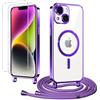 Coiwxmoi Magnetica Cover con Cordino per iPhone 15 6,1 con 2 Vetro Temperato, Trasparente Ultra Sottile Silicone Custodia con Laccio Regolabile Antiurto Protettiva Cover per iPhone 15, Viola