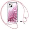Vauki Cover per iPhone 13 con Cordino,Trasparente Glitter Liquido Antiurto Brillantini Tracolla Custodia,Silicone Bumper Laccio Sabbie Donna Protettivo Case per iPhone 13,Rosa