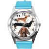 Taport® Orologio rotondo in pelle blu per gli appassionati di bassotto