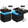 WOLTU Comodino Set di 2, con 2 Cassetti e Scomparto Segreto, Mobile Camera da Letto con Luce e 2 Prese, 1 Porta USB, 1 Porta Type-C, Modalità Musica, Timer, in Stile Moderno, 45x40x58 cm, Nero