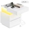 WOLTU Comodino con 2 Cassetti e Scomparto Segreto, Mobile Camera da Letto con Luce e 2 Prese, 1 Porta USB, 1 Porta Type-C, Modalità Musica, Timer, in Stile Moderno, 45x40x58 cm, Bianco