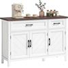 HOMCOM Credenza Cucina, Mobile Cucina con 3 Ante a Fienili, Ripiani Regolabili e 2 Cassetti, Piano Effetto Legno, Stile Rustico, Mobile Buffet per Soggiorno, Sala da Pranzo, 110x35x80.5 cm, Bianco