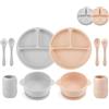 PandaEar Set di Alimentazione per Bambini in Silicone | 2 Piatti con Divisione e Ventosa + 2 Scodelle con Ventosa + 2 Piccoli Bicchieri + 2 Cucchiai + 2 Forchette (Grigio Rosa)