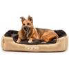 lionto Letto per cani con cuscino reversibile e base antiscivolo, cuscino con ingresso basso per cani e gatti di ogni età, 90x70 cm, cuccia accogliente, beige/marrone (con nome stampato)