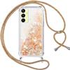 Vauki Cover per Samsung Galaxy A25 con Cordino, Trasparente Glitter Liquido Antiurto Brillantini Tracolla Custodia, Silicone Bumper Laccio Sabbie Donna Protettivo Case per Samsung A25, Oro