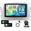 VECHTEL 4G+64G Autoradio Android 15 per Ford Focus II mk2 Mondeo 9 S-Max C-Max Galaxy, 7 Pollice HD Schermo Auto Radio co Carplay Android Auto senza Fili GPS Wi-Fi USB Bluetooth FM RDS Retrocamera