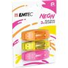 EMTEC Chiavetta USB 2.0 C410 Flash Drive da 8 GB, lettura 5 Mb/S, scrittura 15 Mb/S, compatibile con USB 2.0, USB 3.0, trasparente al neon con cappuccio, confezione da 3