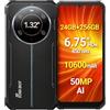 FOSSiBOT F109S Smartphone Rugged, 6,75'' Display HD+, Display Posteriore Innovativo, 24GB+256GB, Batteria 10600mAh, Fotocamera 50MP, Android 15, IP68 Impermeabile, NFC, Nero