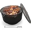 Relaxdays Braciere Ø 61 cm, con griglia, parascintille e attizzatoio, 3 in 1 da Giardino, Nero