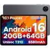 POPUX Tab A9 Android 16 Tablet 10 Pollici, 20 GB RAM + 64 GB ROM (TF 2 TB), Gemini AI, 6580 mAh, Unisoc T310, 1280*800 IPS, WiFi 5, Doppio Altoparlante, 8MP+5MP, Bluetooth 5.0/Face ID/Jack da 3,5 mm-Grigio
