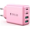 HONGYEE Caricatore USB C 40 W, ricarica rapida multipla, adattatore a 4 porte compatibile con iPhone 12/13/14/15/Samsung S23 Ultra/Google/Xiaomi/Huawei/OPPO (Rose)