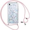 Vauki Cover per iPhone 8/iPhone SE 2020/iPhone 7/SE 2022 con Cordino,Trasparente Glitter Liquido Antiurto Brillantini Tracolla Custodia,Silicone Bumper Laccio Sabbie Donna Protettivo Case,Argento