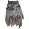 Hndudnff Gonna da donna in pizzo patchwork a rete denim a vita alta gonna asimmetrica in tulle con volant gonna gotica, A, M