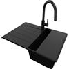 PRIMAGRAN Lavandino da Cucina Tutto Nero 70x50cm, Lavello in Granito a 1 vasca + Rubinetto 40x20cm + Set di accessori, Lavabo da Cucina Incasso al Mobile 40cm - Copenhagen Top S187