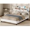 KIMENICH Letto 140 x 200 cm, letto imbottito 140 x 200 cm, con testiera e prese, testiera con ripiani aperti, vano nascosto, telaio del letto con rete a doghe, telaio imbottito, PU bianco
