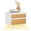 SoBuy Comodino camera da letto sospeso con lampada a sensore di movimento rimovibile e 2 cassetti, Comodino da parete per camera da letto e ingresso, 40x29.8x25.6cm, Bianco Naturale, FBT175-E-WN