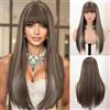 Creamily Parrucca Castana Lunga e Liscia con Frangia, Parrucca Castana Ombré con Riflessi Biondi, Capelli Naturali Lunghi 58 cm, per Donne, Feste e Uso Quotidiano
