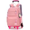 Tanou Zaino Scuola Elementare Trolley, 16 Pollici Zaini Trolley con 6 Ruote per Bambina, Zaino con Rotelle Elementari Staccabile per Scuola Viaggi, 8-14 Anni, Rosa