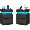 VASAGLE KAILYN Collezione - Comodini con Multipresa, Set di 2, Tavolini con Piano Scorrevole, 2 Cassetti, Striscia LED, Stile Moderno, 35 x 40 x 55 cm, Nero Inchiostro LET840BC01