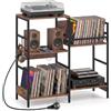 COSTWAY Mobile per Giradischi, Supporto per Vinile con Stazione di Ricarica, Mobile Porta Giradischi con 3 Ripiani, Scomparto, Ripiano Porta Vinili e 3 Ganci per Soggiorno e Studio, 78 x 30 x 78 cm