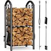 VOUNOT® Legnaia da Esterno in Metallo, Portalegna 2 Ripiani con 4 Attrezzi per Camino, Scaffale Porta Legna, 38 x 33 x 75 cm, Nero