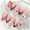 Tastetreasure Press on Nails - Set di 30 stampi per mandorle, a forma di cuore rosso e fiocchi, per unghie artificiali, dimensioni complete con bastone in legno e lima in acrilico, riutilizzabili, da