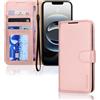 TECHGEAR Custodia a portafoglio in pelle per iPhone 16e, custodia protettiva a portafoglio [blocco RFID], porta carte, supporto e cinturino da polso, in pelle PU rosa con chiusura magnetica,