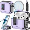 Joremx Compatibile con Custodia AirPods 4 con supporto per telefono, Cover in design fibra di carbonio per AirPods 4 versione ANC con chiusura automatica a scatto e pennello per pulizia (Viola)