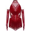 Aislor Abito da Ballo Latino Americano Bambina con Nappa Frange Strass Body da Pattinaggio Artistico Leotards Danza Classica con Gaunti Costumi per Rumba Samba Borgogna A 13-14 anni
