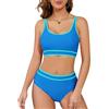 SHEKINI Bikini sportivo da donna, due pezzi, a vita alta, controllo della pancia, scollo rotondo, blocchi di colore, sfacciato, Blu, 52
