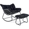 COSTWAY Sedia a Dondolo da Interno ed Esterno, Poltrona a Dondolo con Poggiapiedi e Cuscini Rimovibili, Poltrona Relax in Rattan con Telaio in Metallo per Soggiorno e Giardino, Portata 150 kg (Nero)