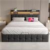 DAHUEN Letto baule 160 x 200 cm con illuminazione a LED e multipresa, letto matrimoniale con contenitore idraulico, testiera imbottita con scomparti, rete a doghe, PU (nero-B, 160 x 200 cm)