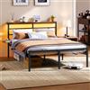 Yaheetech Letto 140 × 200 cm in Metallo, Letto Matrimoniale con Illuminazione a LED e Stazione di Ricarica, Struttura Letto con Testiera in Legno e Rack Laterale, Facile da montare