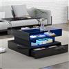 OKMYHOME Tavolino basso a LED con 3 livelli, tavolino moderno con vetro temperato, cassetti e deposito nascosto, 80 x 80 x 45 cm, nero