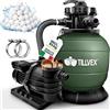 tillvex Pompa Filtro Piscina Portata 10m³/h + 800g Filtro Balls | 7 funzioni | Filtro Piscina con indicatore Pressione | Impianto filtrazione Sabbia per Piscine e vasche (Verde con Timer)