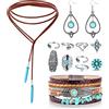 ORAZIO 13PC Ciondolo Gioielli Turchese Bohemien Collana Girocollo Lunga in Pelle Scamosciata Orecchini Pendenti con Dichiarazione Turchese Bracciale Polsino in Pelle con Anelli a Nocche Impilabili Set