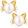 jiamiaoi Orecchini gatto perla Orecchini a forma di gatto oro, in argento 925, Orecchini Perla di acqua dolce e gatti, 7,5 mm